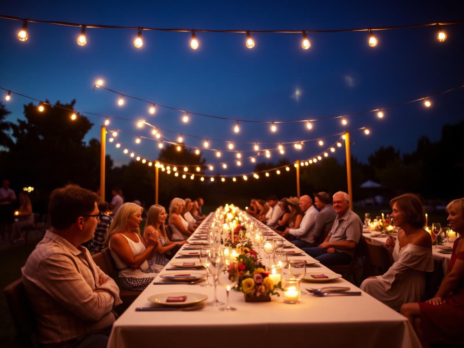 Outdoor dinner under string lights
